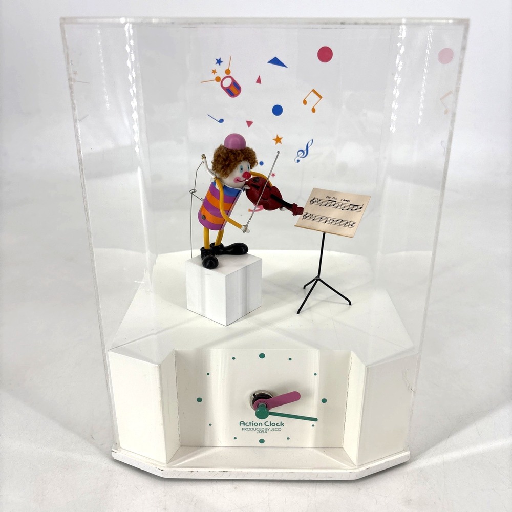 Vintage Jeco Clown Playing Violin Clock Japan Working Acrylic Case 60s 70s READ!